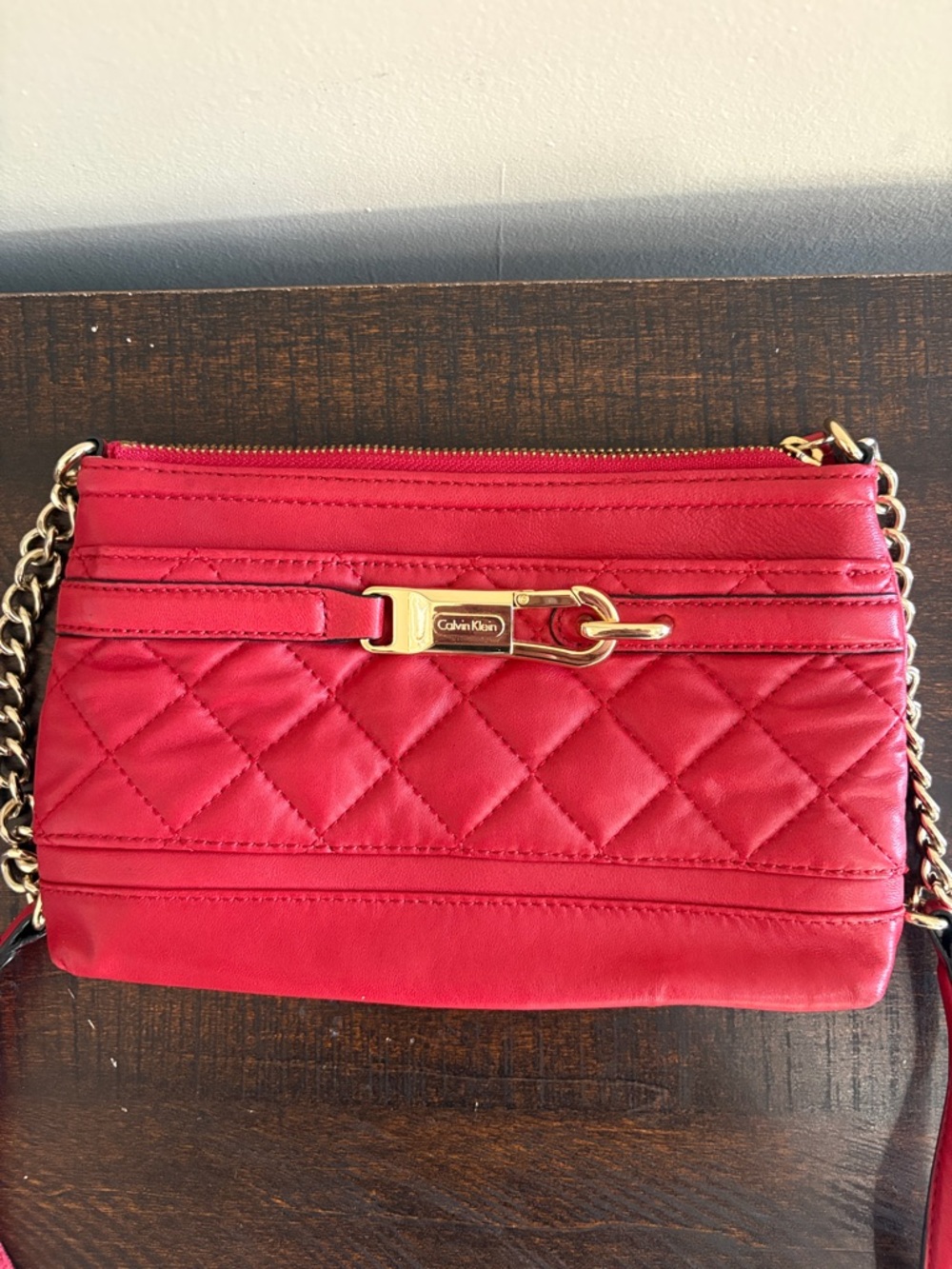 Calvin Klein Quilted Red Crossbody with Gold Chain Detail